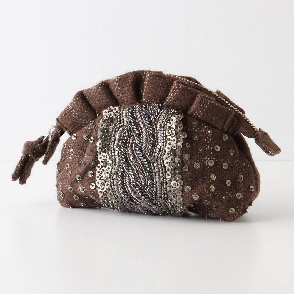 Anthropologie Miss Albright Beaded Sequin Evening Clutch Brown